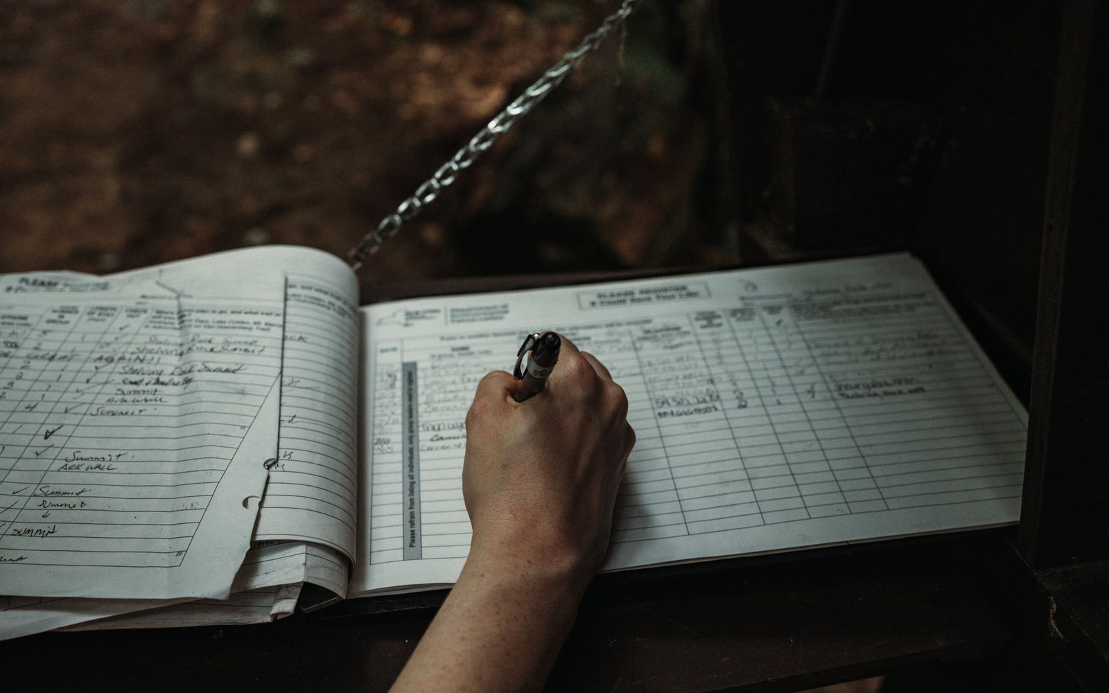 An empty trail register book open on a shelter table