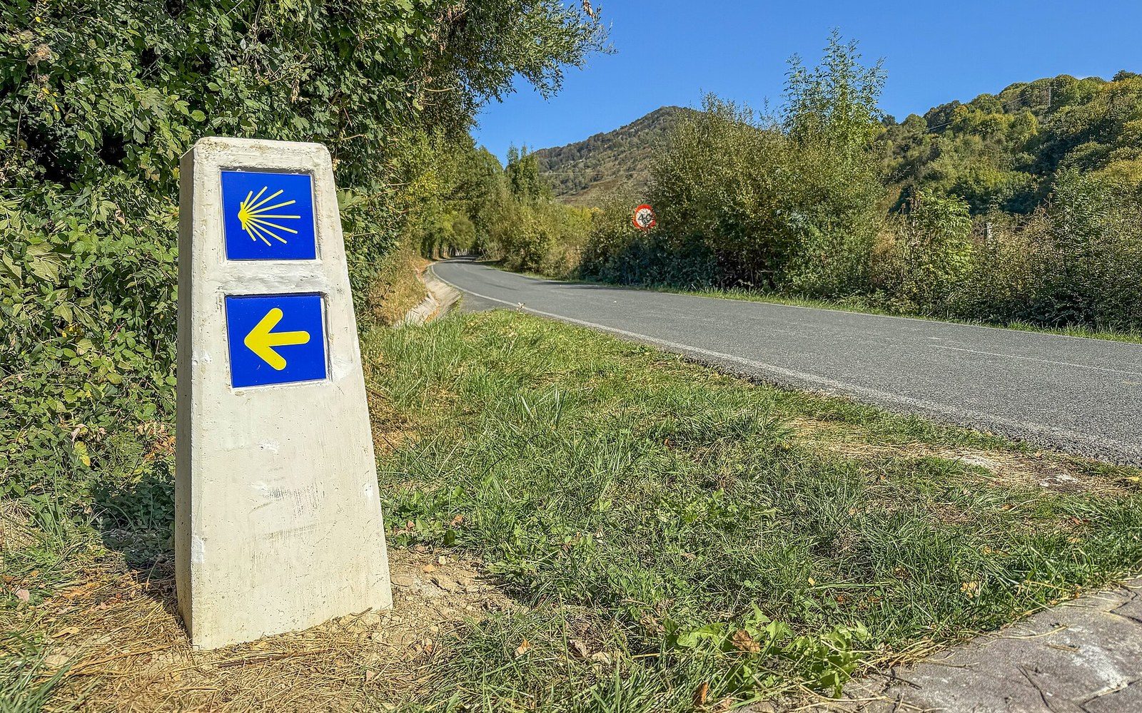 A stone waymarker beside a dirt track, flat light